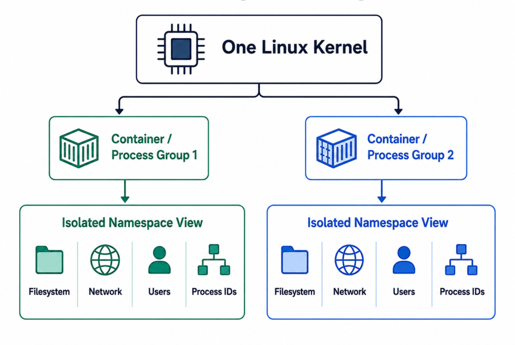 Linux namespaces explained with examples showing isolated views of global kernel resources