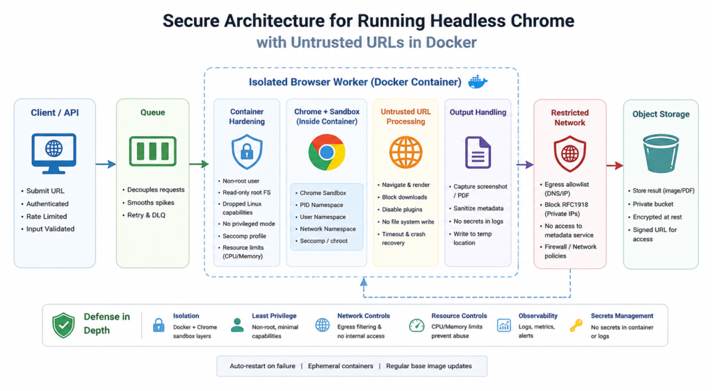 Secure architecture for running headless Chrome with untrusted URLs in Docker