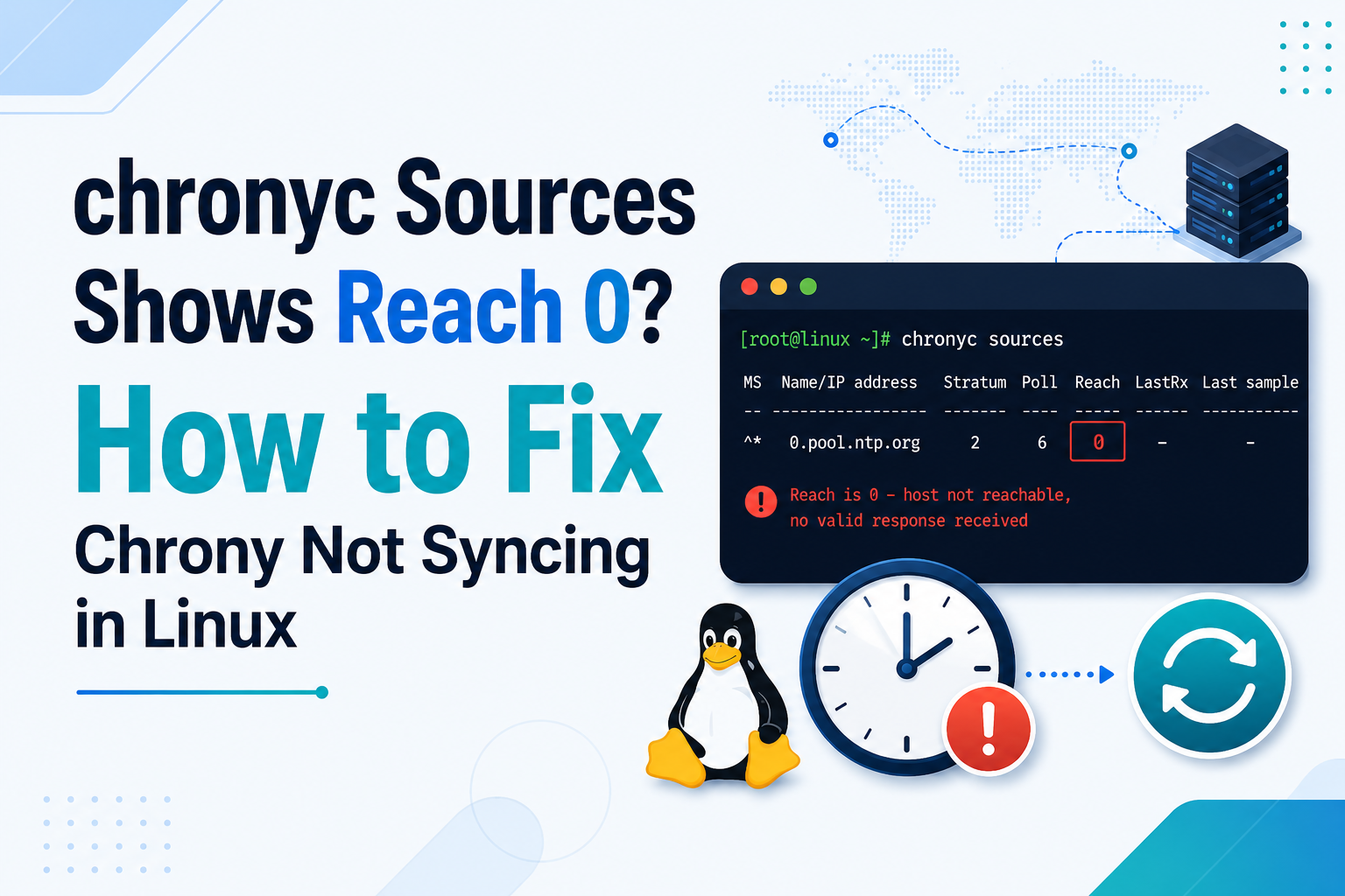 chronyc Sources Shows Reach 0? How to Fix Chrony Not Syncing in Linux 5 chronyc Sources Shows Reach 0? Fix Chrony Not Syncing