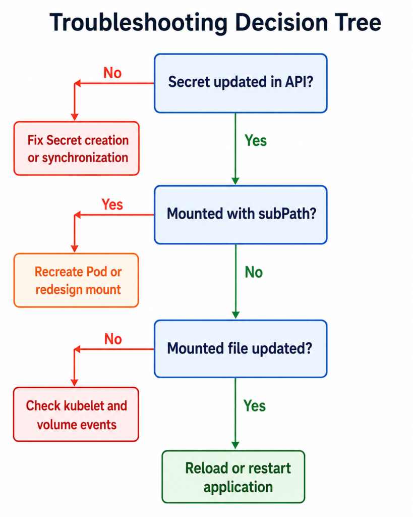 Kubernetes secret volume not updating subPath troubleshooting flowchart